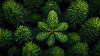 Vibrant green pine needles arranged in star pattern against dark background, macro nature photography showing detailed texture of conifer branches.