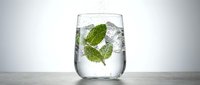 Fresh mint leaves floating in sparkling water glass with ice cubes on white background for refreshing summer drink concept.