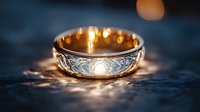 Ornate gold wedding band with intricate diamond detailing sits on textured surface, glowing warmly. Suitable for jewelry, engagement, luxury retail, and wedding-related design projects.