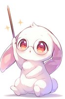 Adorable white bunny character with big sparkly eyes and glasses holding pencil, drawn in cute anime style. Soft pastel colors and gentle shading create kawaii appeal.