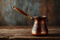Traditional copper Turkish coffee pot with wooden handle on rustic table for authentic brewing and kitchen decor.