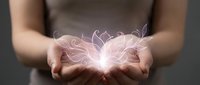 Woman holding glowing abstract light energy in cupped hands, spiritual wellness and healing concept for meditation, mindfulness, and personal growth applications.