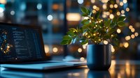 Laptop with programming code and potted plant on desk against blurred bokeh lights background, creating cozy evening workspace atmosphere.