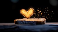 Glowing heart shape made of bread crumbs floating over toasted slice on dark background with magical sparkles and bokeh lights. Perfect for Valentine's day designs.