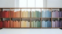 Colorful books arranged by rainbow spectrum on wooden shelves creating organized library display for education and learning concepts.