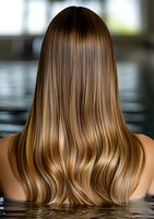 Back view of long straight brown hair with blonde balayage highlights on woman partially submerged in water, showing healthy shine and smooth texture.