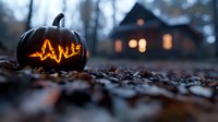 Glowing jack-o-lantern pumpkin with carved face sits on autumn leaves at dusk with cozy house lights in background for Halloween celebration and seasonal decor.