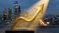 Golden arrow pointing upward symbolizing financial growth, business success, and rising profits against illuminated city skyline at dusk for investment and economic concepts.