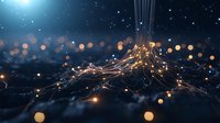 Glowing fiber optic network connections with orange light trails against dark background, digital technology concept with bokeh effect and particles.