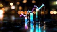 Colorful neon bar chart with glowing arrow showing business growth and success on dark background with bokeh lights for financial presentations.