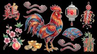 Rooster with Asian ornaments, lanterns, and floral elements isolated on transparent background. Ready for t-shirt design, clipart, stickers, sublimation, and print-on-demand projects.