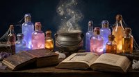 Magical potion bottles with glowing liquids, ancient spellbooks and cauldron with mystical smoke on wooden table for fantasy gaming and storytelling.