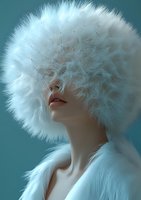 Ethereal portrait featuring delicate dandelion seeds covering upper face, with soft pink lips visible beneath fluffy white textures against turquoise background.