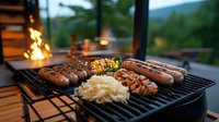 Grilled sausages, vegetables and sauerkraut on barbecue grill with fire flames in background, outdoor evening cooking with mountain landscape view.