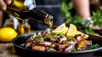 Pouring olive oil over grilled chicken thighs garnished with fresh herbs and lemon in cast iron pan, dark moody food photography with steam rising.