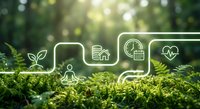 Green technology concept with glowing icons showing sustainable solutions on natural moss background for eco-friendly business and environmental innovation.