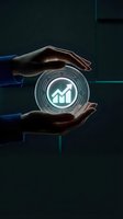 Hands holding glowing neon orb with upward trending arrow symbol, representing financial growth, investment success, and business development strategy for corporate presentations.