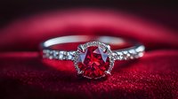 Elegant diamond engagement ring with brilliant red ruby center stone surrounded by sparkling diamonds on luxurious red velvet background for jewelry advertising.