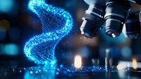 Glowing blue DNA helix structure under microscope lenses with bokeh effect, representing genetic research and biotechnology advancement in laboratory setting.