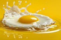Raw egg splashing into yellow liquid creating dynamic ripples and waves with white protein splash and bright yolk floating on surface. Food photography.