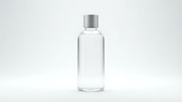 Clear glass cosmetic bottle with silver cap isolated on white background for skincare product packaging and beauty brand design.