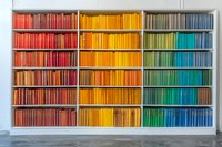 Colorful bookshelf with books arranged by spectrum from red to blue, creating vibrant rainbow display in modern library or bookstore.
