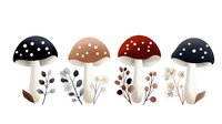 Decorative mushrooms in earthy tones with delicate floral elements arranged in a row. Whimsical botanical art features spotted caps in black, beige, burgundy and navy.