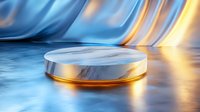 Glowing circular podium with golden light on reflective blue surface against flowing abstract backdrop, ideal for product display.
