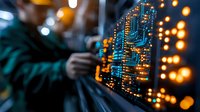 Circuit board with glowing orange and blue traces illuminated against dark background, creating futuristic technology pattern with bokeh light effects.