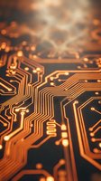 Close-up of illuminated circuit board with golden copper traces and electronic pathways in warm ambient lighting for technology and innovation concepts.