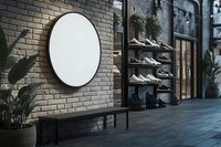 Modern round mirror on brick wall in stylish shoe store interior with wooden shelving and potted plants, creating contemporary retail atmosphere.