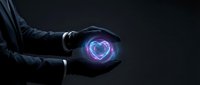 Businessman hands holding glowing purple heart symbol with digital effects on dark background representing love, care, and emotional connection in business.