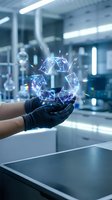 Scientist in black gloves holding glowing recycling symbol with electric blue energy particles in modern laboratory setting, representing sustainable technology and environmental innovation.