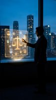 Businessman using digital justice interface with scales of law hologram in modern office overlooking city skyline at night for legal technology solutions.