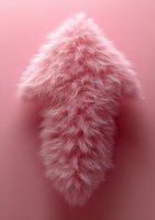 Fluffy pink fur arrow shape pointing upward on rose background, soft and textured material creating dynamic directional symbol for business growth concepts.