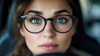 Young Caucasian woman with bright blue eyes wearing stylish black-rimmed glasses, natural makeup, and soft pink lips in close-up portrait against blurred background.