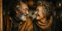 Happy elderly couple laughing together in warm winter clothing, showcasing love and joy in golden hour lighting for relationship content.