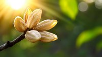 Delicate almond nuts growing on tree branch with morning sunlight and bokeh background, fresh organic produce in natural environment.
