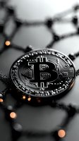 Silver bitcoin coin with orange bokeh lights on dark background, macro shot showing detailed cryptocurrency symbol and circuit pattern design.