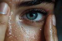 Extreme close up of bright blue eye with water drops on skin and long eyelashes. Macro beauty photography showing fresh, moisturized complexion and natural makeup.