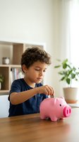 Young boy with curly hair putting coin into pink piggy bank at home table, learning financial literacy and money saving habits for children.
