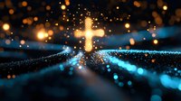 Glowing golden cross radiates light against dark background with sparkling bokeh effects and blue light trails creating spiritual atmosphere for religious designs.