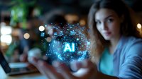 Young woman interacting with glowing blue AI hologram sphere in modern office setting, demonstrating artificial intelligence and future technology concept.