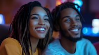 Young African American couple sharing genuine laughter and joy during evening entertainment, with vibrant bokeh lights creating warm atmosphere in background.