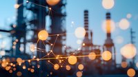 Industrial refinery plant with glowing network connections overlay and bokeh lights at dusk, representing digital transformation in manufacturing sector.