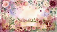 Floral frame with pink, mauve, and burgundy roses, eucalyptus leaves, and blank ribbon banner on soft cream background. Perfect for wedding invitations, greeting cards, and design projects.