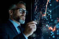 Mature businessman analyzing digital data visualization on futuristic transparent display, wearing glasses and navy suit against glowing blue interface.