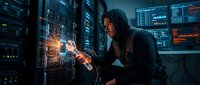 Hooded hacker in dark server room manipulating holographic data interfaces with glowing digital elements and multiple computer screens displaying code.