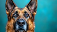 German Shepherd dog with bright blue eyes and tan fur gazing intently at camera against turquoise background, displaying alert and loyal expression in close-up portrait.