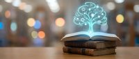 Open book with glowing brain hologram emerging from pages, representing knowledge, learning, and intellectual growth in education and development.